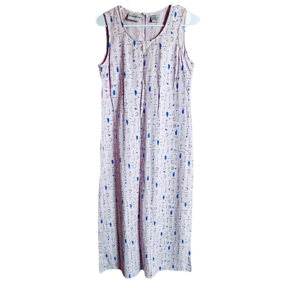 Vtg‎ Cottagecore Linen Blend Dress Sz 10P Gardening Bird Houses Lavender Country